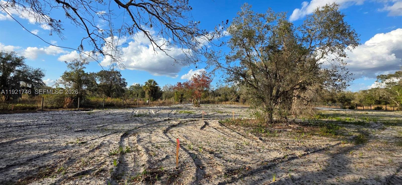A cleared, sandy lot features tire tracks, survey stakes, and surrounding trees under a blue sky — 18678 NW 284 st, Okeechobee FL 34972, OKEECHOBEE, FL