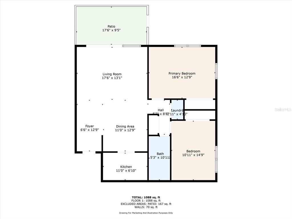This is a floor plan of a two-bedroom, one-bathroom residential unit with a patio — 6100 GULFPORT BOULEVARD S UNIT 111, GULFPORT, FL