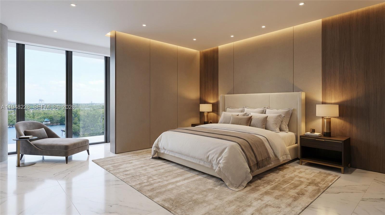 This rendering shows a modern bedroom with a king bed, lounge chair, and floor-to-ceiling windows — 3319 N Ocean Drive, Hollywood FL 33019, HOLLYWOOD, FL