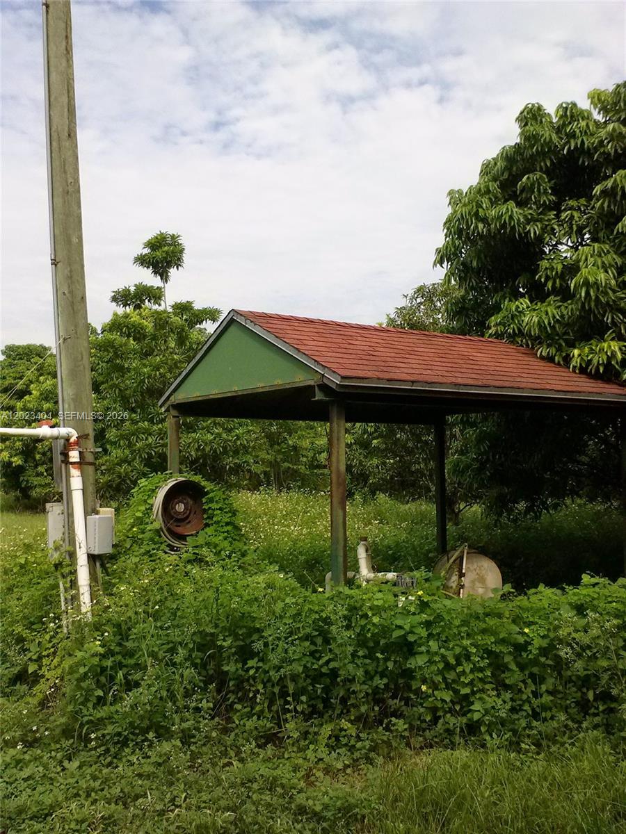 A small, open-sided shed with a red roof stands in a field of overgrown vegetation — 19675 SW 165 AVENUE, Miami FL 33187, MIAMI, FL