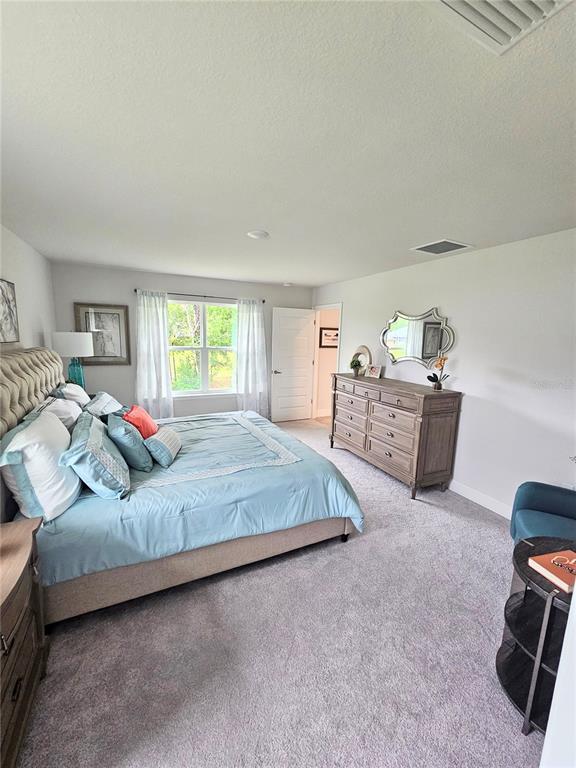 A bedroom features a tufted headboard, a light blue bedspread, and a wooden dresser — 569 SW BELLFLOWER DRIVE, LAKE CITY, FL