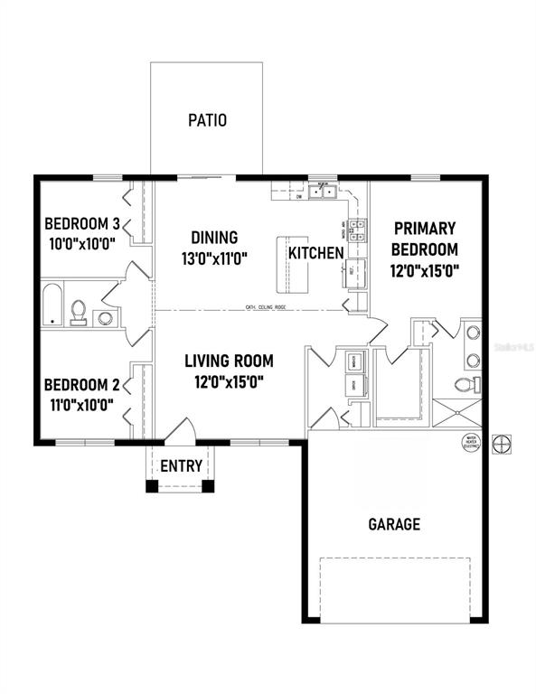 This floor plan shows a three-bedroom, two-bathroom home with an open living area and garage — 13737 SW 114TH PLACE, DUNNELLON, FL