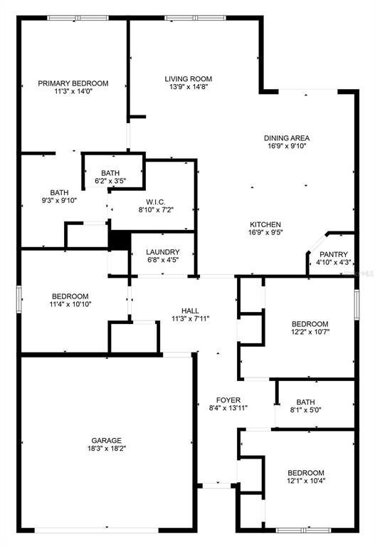 This is a floor plan for a single-story home featuring four bedrooms, a garage, and kitchen — 7774 SAIL CLOVER LANE, ZEPHYRHILLS, FL