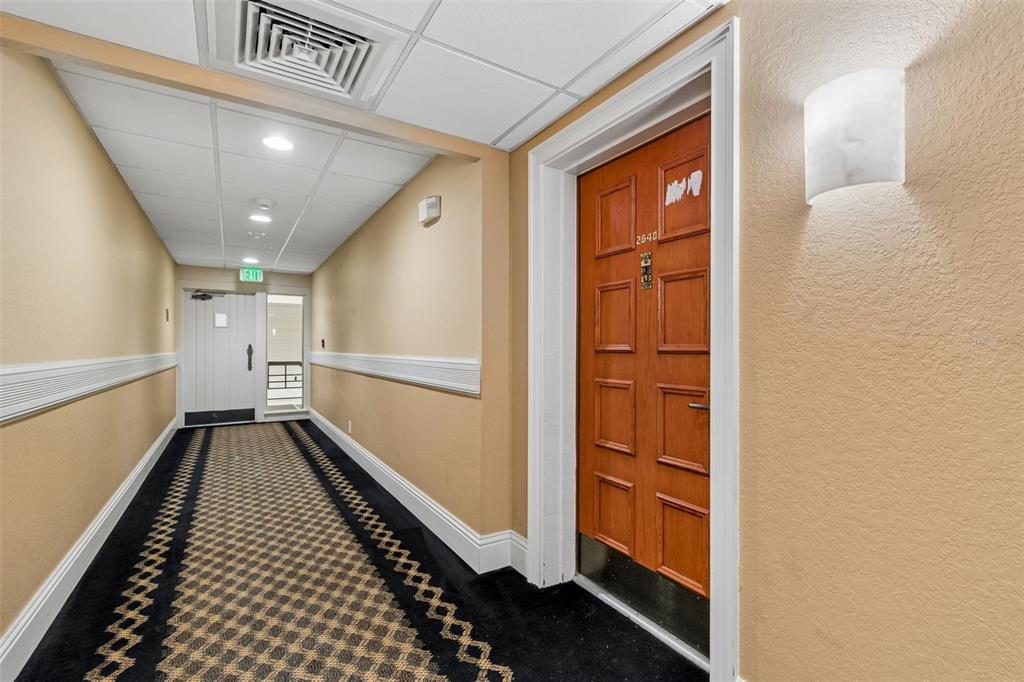 A hallway with tan walls, black patterned carpet, and a wooden door labeled 2640 — 36750 US HIGHWAY 19 N UNIT 8-202, PALM HARBOR, FL