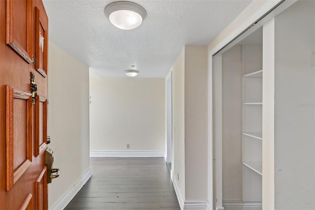 A hallway with gray wood flooring, a recessed closet with shelves, and two ceiling lights — 36750 US HIGHWAY 19 N UNIT 8-202, PALM HARBOR, FL