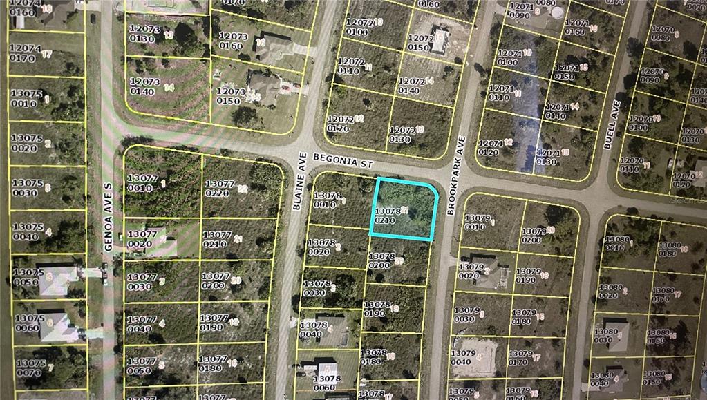 This is a satellite map showing a highlighted vacant lot in a residential neighborhood — 1254 BROOKPARK AVENUE, FORT MYERS, FL