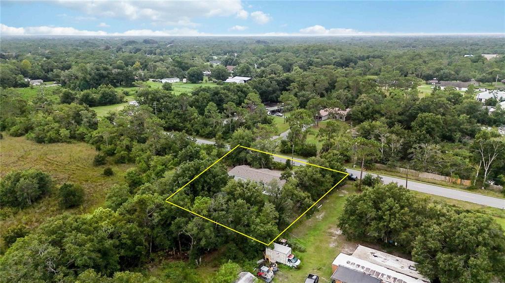 An aerial view shows a house surrounded by trees and vegetation next to a road — 4235 PINE TREE DRIVE, ST CLOUD, FL