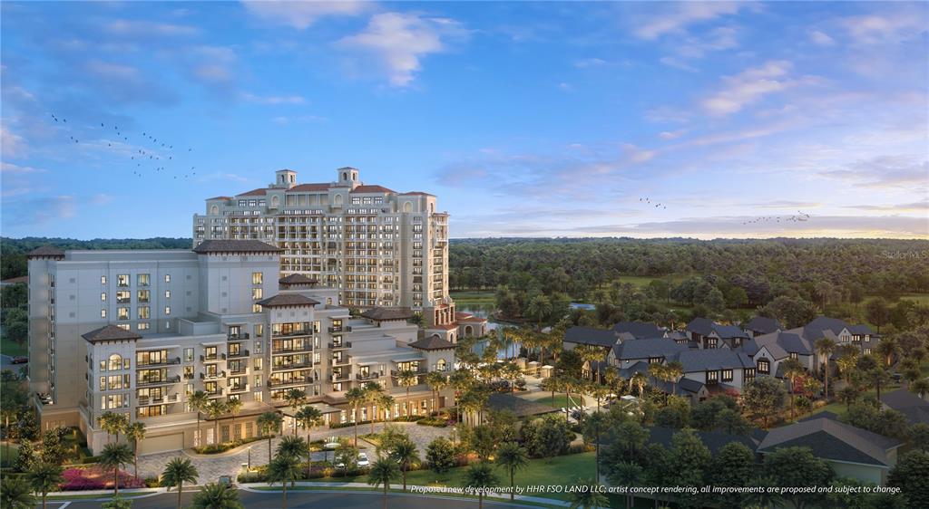 An architectural rendering shows a large multi-story apartment complex surrounded by trees and landscaping — 10160 AUTUMN MIST LANE UNIT 800, GOLDEN OAK, FL