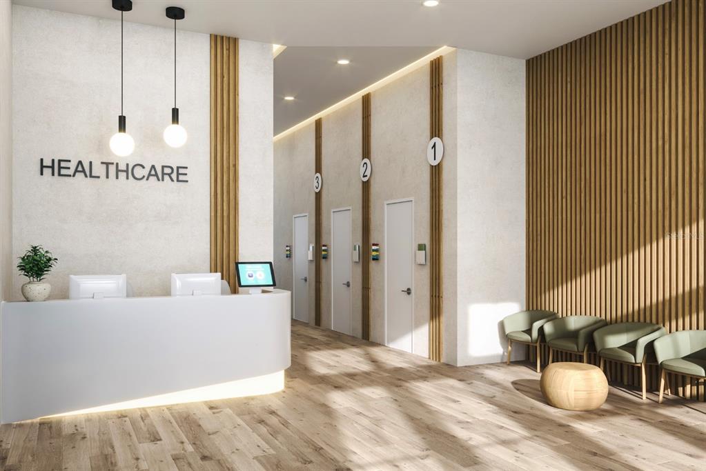 This rendering shows a modern office space with wooden desks, white chairs, and large windows — 950 S DILLARD STREET, WINTER GARDEN, FL