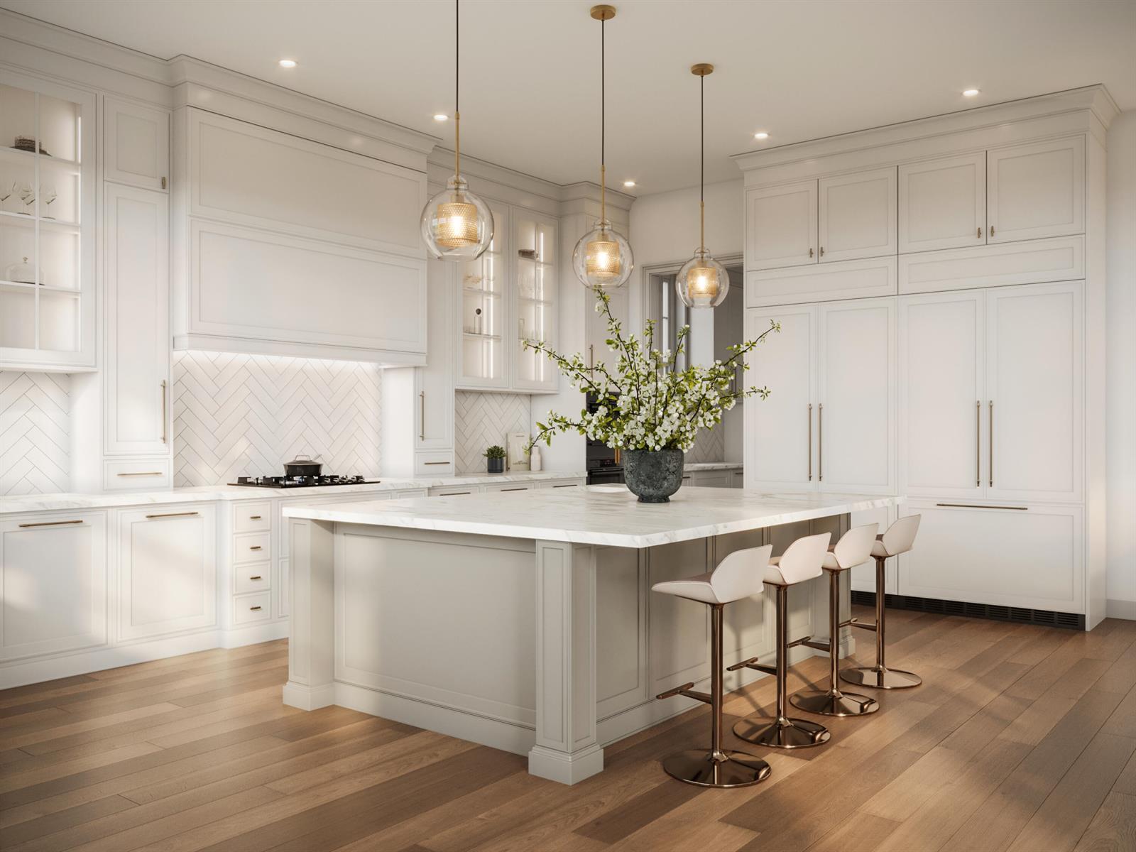 This is a rendering of a modern white kitchen featuring a large marble-topped island — 145 Alhambra Place, West Palm Beach FL 33405, WEST PALM BEACH, FL