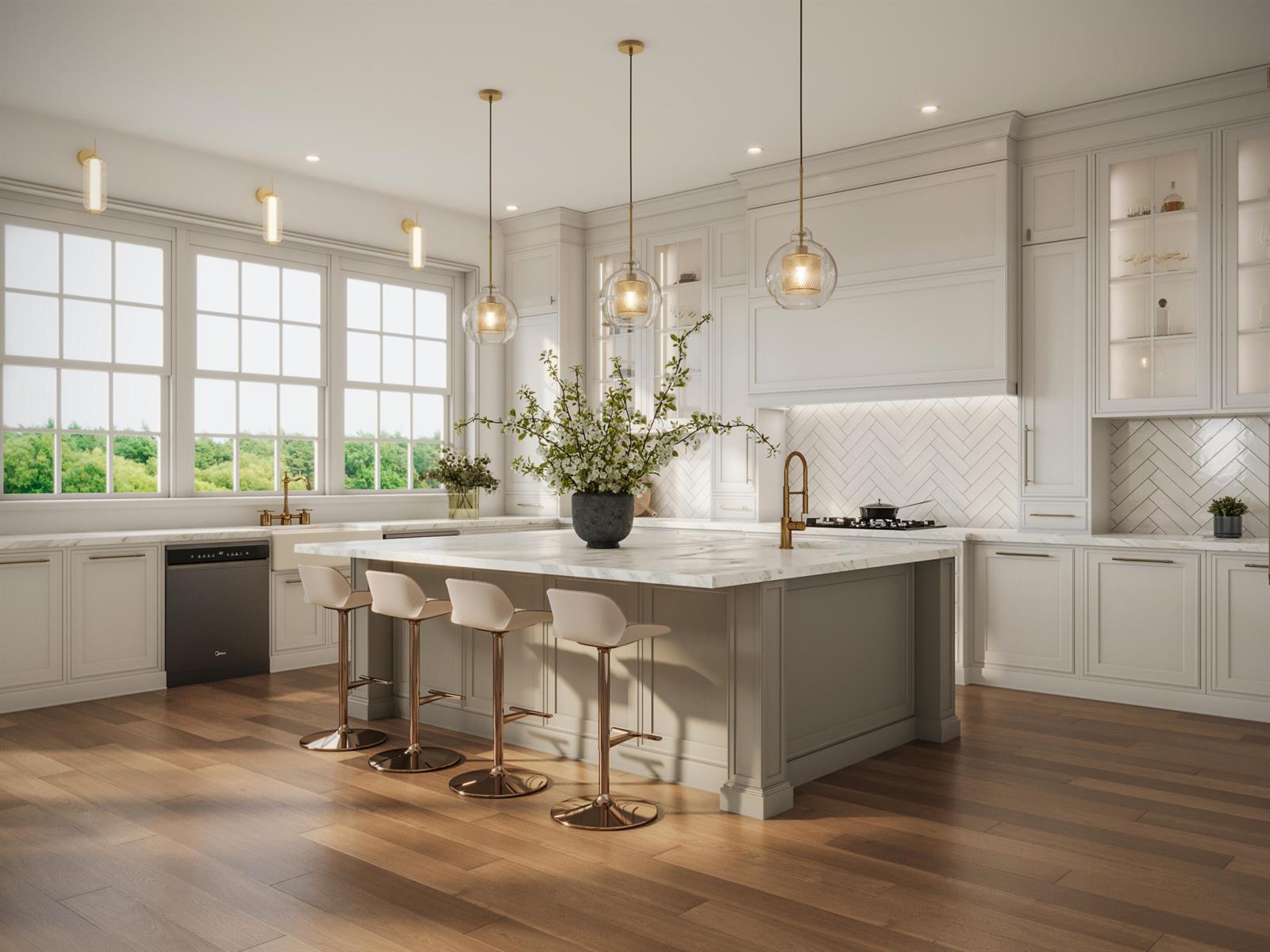 This rendering shows a modern kitchen with a marble-topped island, bar stools, and white cabinetry — 145 Alhambra Place, West Palm Beach FL 33405, WEST PALM BEACH, FL