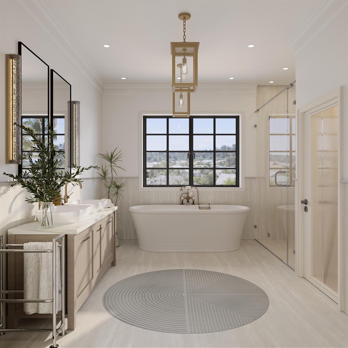 This rendering shows a modern bathroom with a freestanding tub, double vanity, and glass shower — 145 Alhambra Place, West Palm Beach FL 33405, WEST PALM BEACH, FL