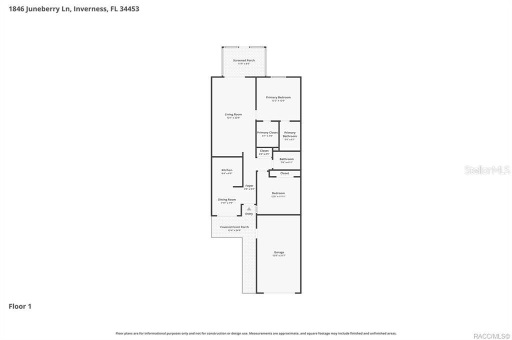 This is a floor plan for a single-story house with a garage and screened porch — 1846 JUNEBERRY LANE, INVERNESS, FL