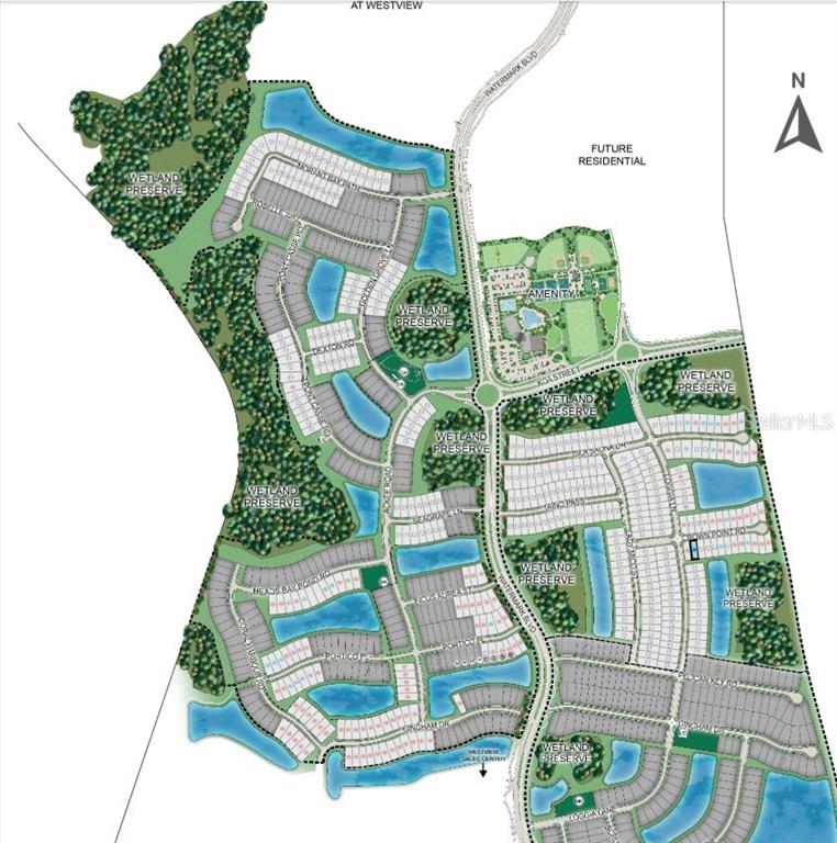 This is a site plan rendering of a residential community featuring homes, lakes, and preserves — 5470 CROWN POINT ROAD, KISSIMMEE, FL