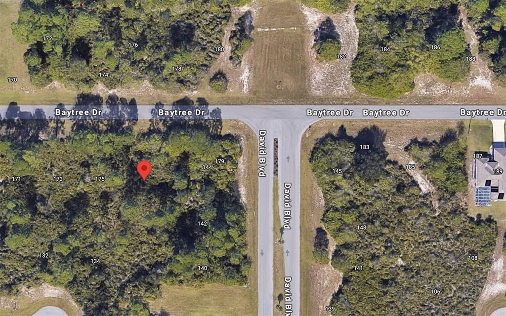 This is an aerial map showing a vacant lot marked with a pin near an intersection — 177 BAYTREE DRIVE, ROTONDA WEST, FL