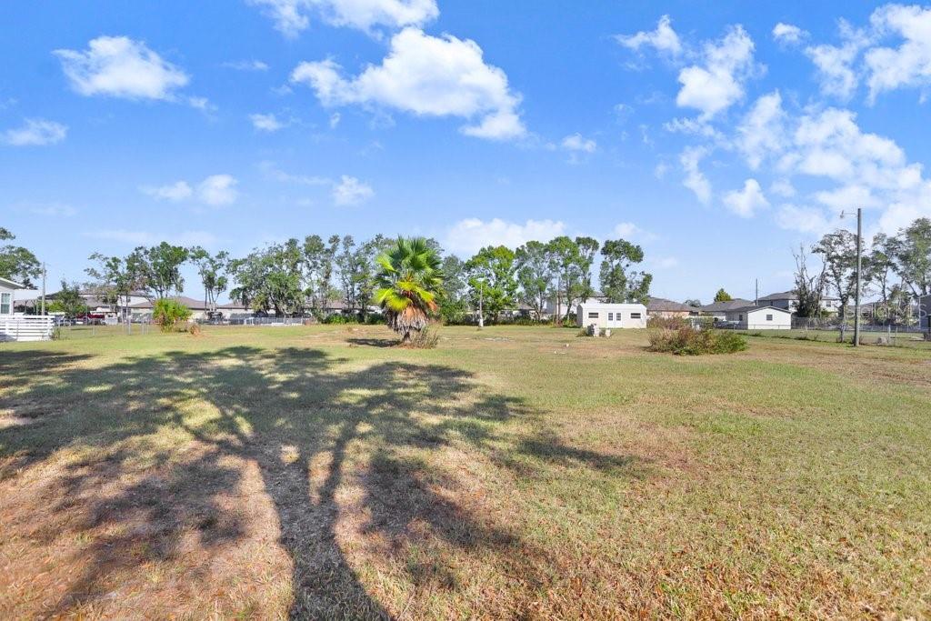 A large, grassy vacant lot features a single palm tree and a small storage shed — 4005 SW TIMBERWOOD DRIVE, LAKELAND, FL
