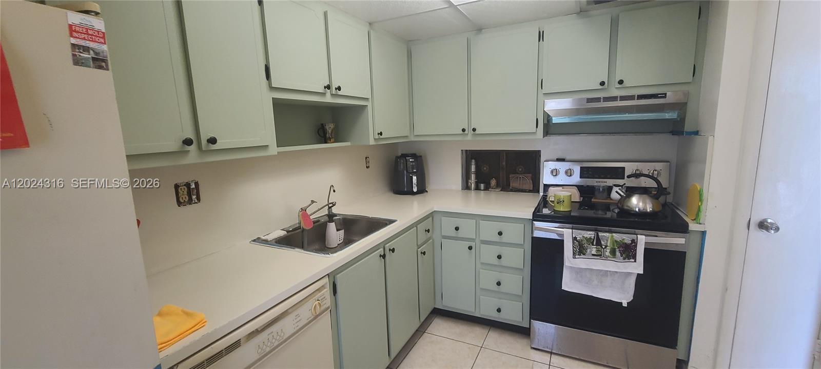 A kitchen features light green cabinets, white countertops, a stainless steel sink, and black appliances — 19305 NE 2nd Ave # 2323, Miami FL 33179, MIAMI, FL