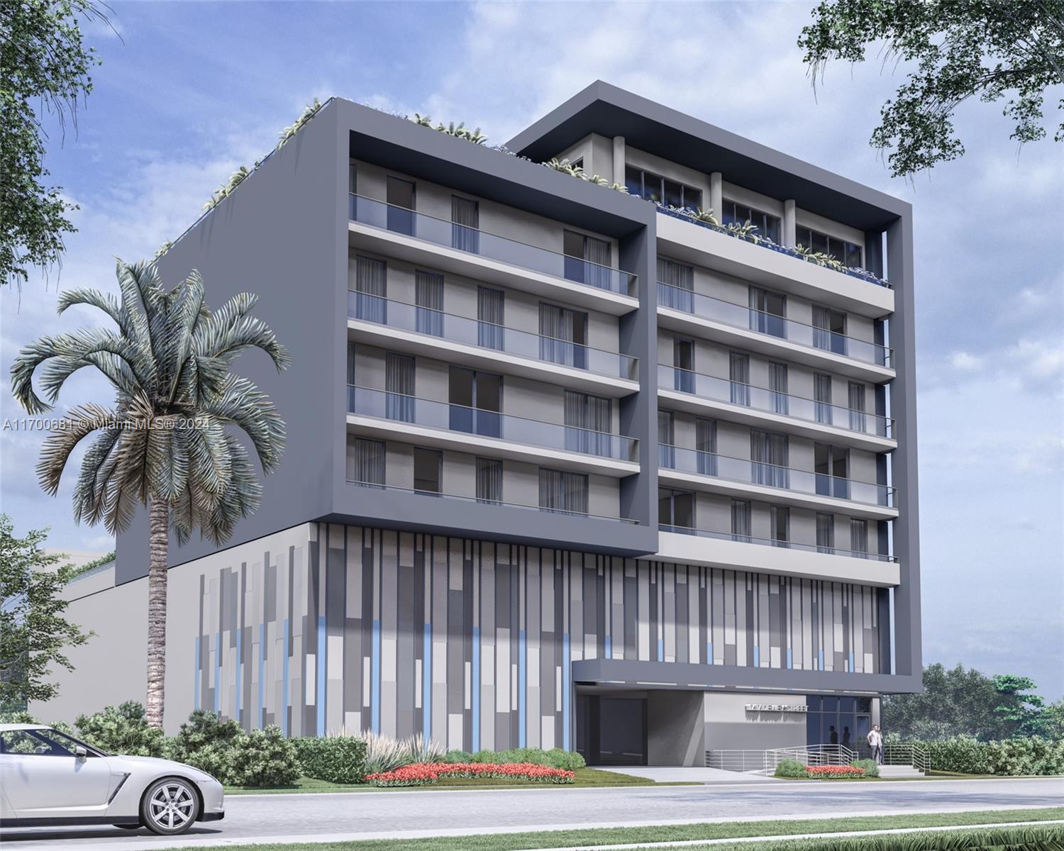 This is a rendering of a modern multi-story apartment building with a patterned ground floor — 1741 Dewey St, Hollywood FL 33020, HOLLYWOOD, FL