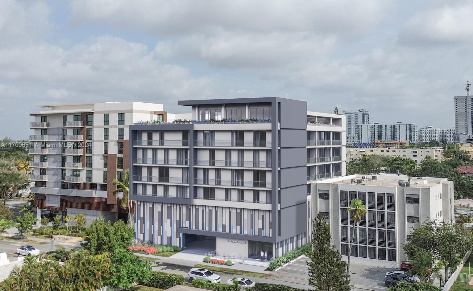 This is a rendering of a modern multi-story apartment building with a ground-level parking entrance — 1741 Dewey St, Hollywood FL 33020, HOLLYWOOD, FL