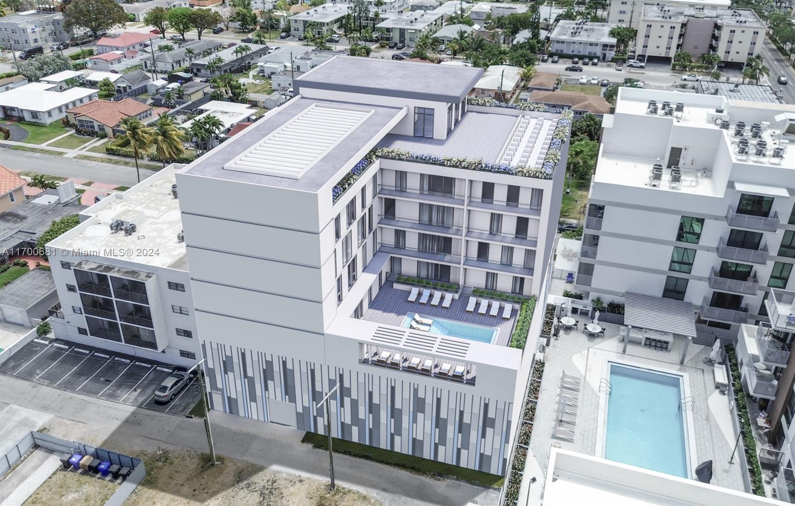 This is a digital rendering of a modern multi-story apartment building with a rooftop pool — 1741 Dewey St, Hollywood FL 33020, HOLLYWOOD, FL
