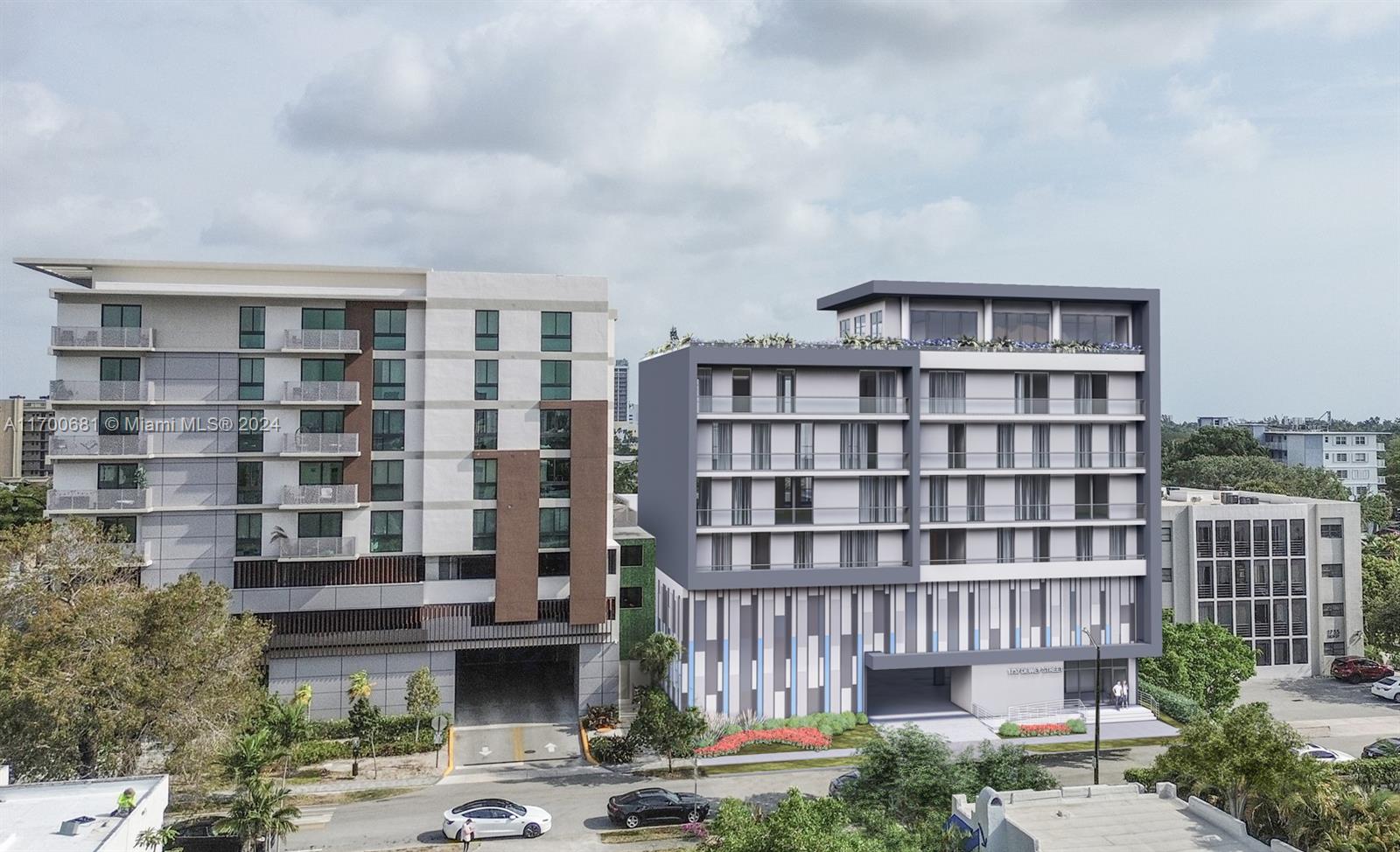 This is a rendering of two modern multi-story apartment buildings situated next to each other — 1741 Dewey St, Hollywood FL 33020, HOLLYWOOD, FL