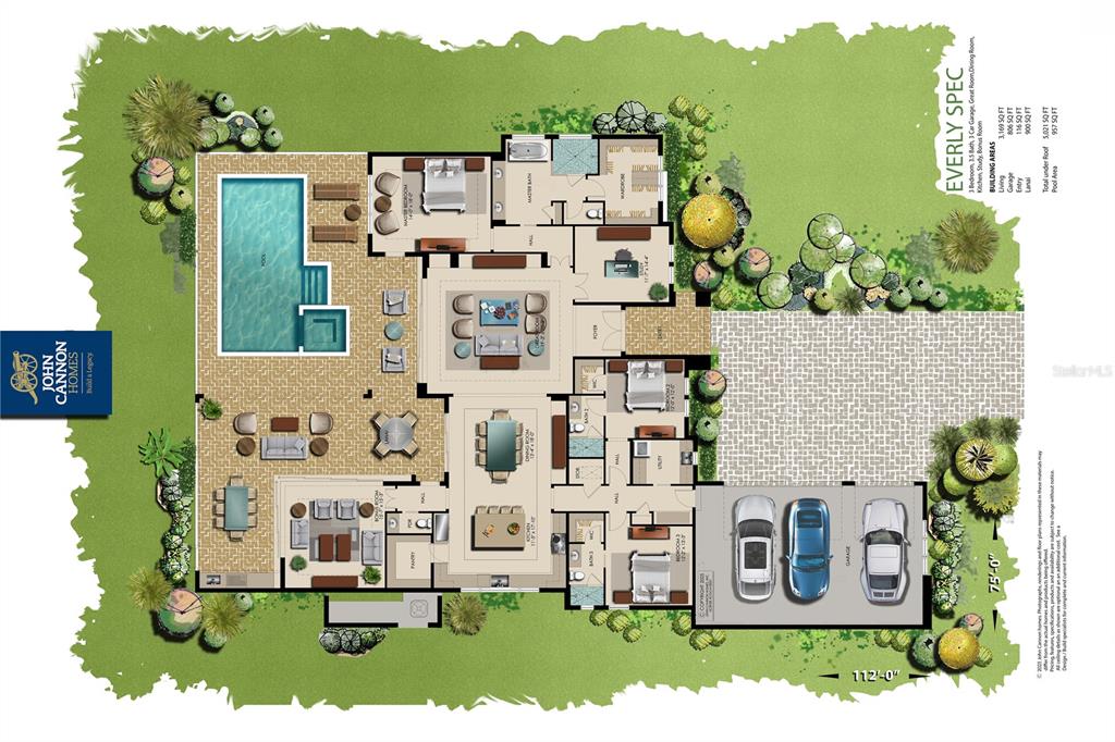 This floor plan rendering shows a single-story home with a pool, garage, and three bedrooms — 17071 WATERWORKS TERRACE, VENICE, FL