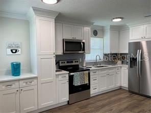 A kitchen features white cabinets, stainless steel appliances, and wood-look flooring — 16931 FRANKLIN AVENUE, MONTVERDE, FL