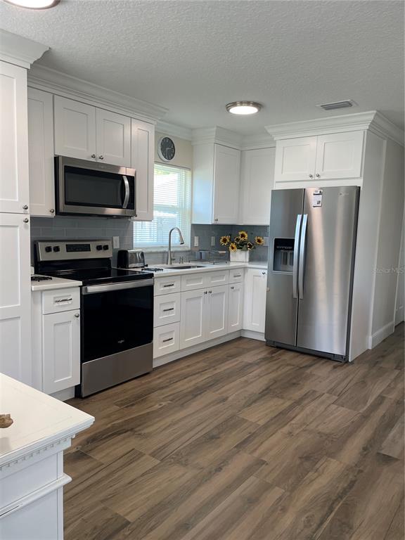 A kitchen features white cabinetry, stainless steel appliances, and wood-look flooring — 16931 FRANKLIN AVENUE, MONTVERDE, FL
