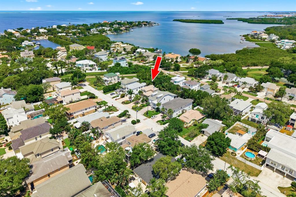 An aerial view shows a residential neighborhood with houses near a bay and trees — 503 PALM AVENUE, PALM HARBOR, FL