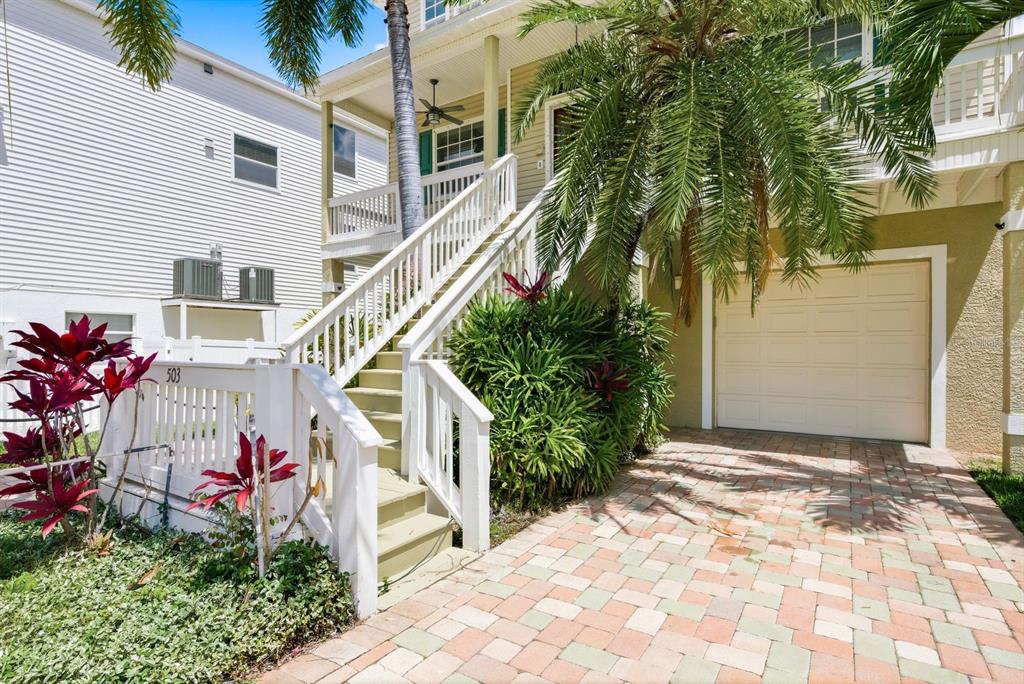 An exterior view of a house with a paved driveway, stairs, and a palm tree — 503 PALM AVENUE, PALM HARBOR, FL