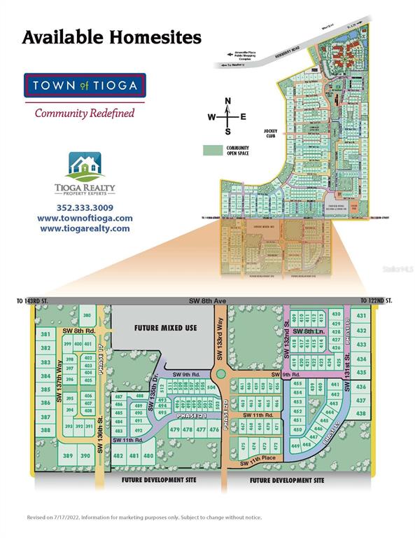 This image is a map showing available homesites in a residential community development — 13447 SW 9TH ROAD, NEWBERRY, FL