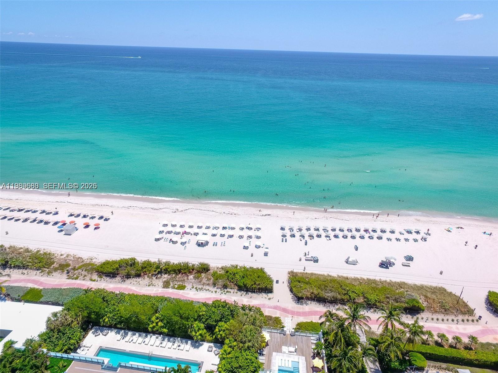 An aerial view shows a beach with umbrellas, a swimming pool, and lush landscaping — 6515 Collins Ave # 1709, Miami Beach FL 33141, MIAMI BEACH, FL