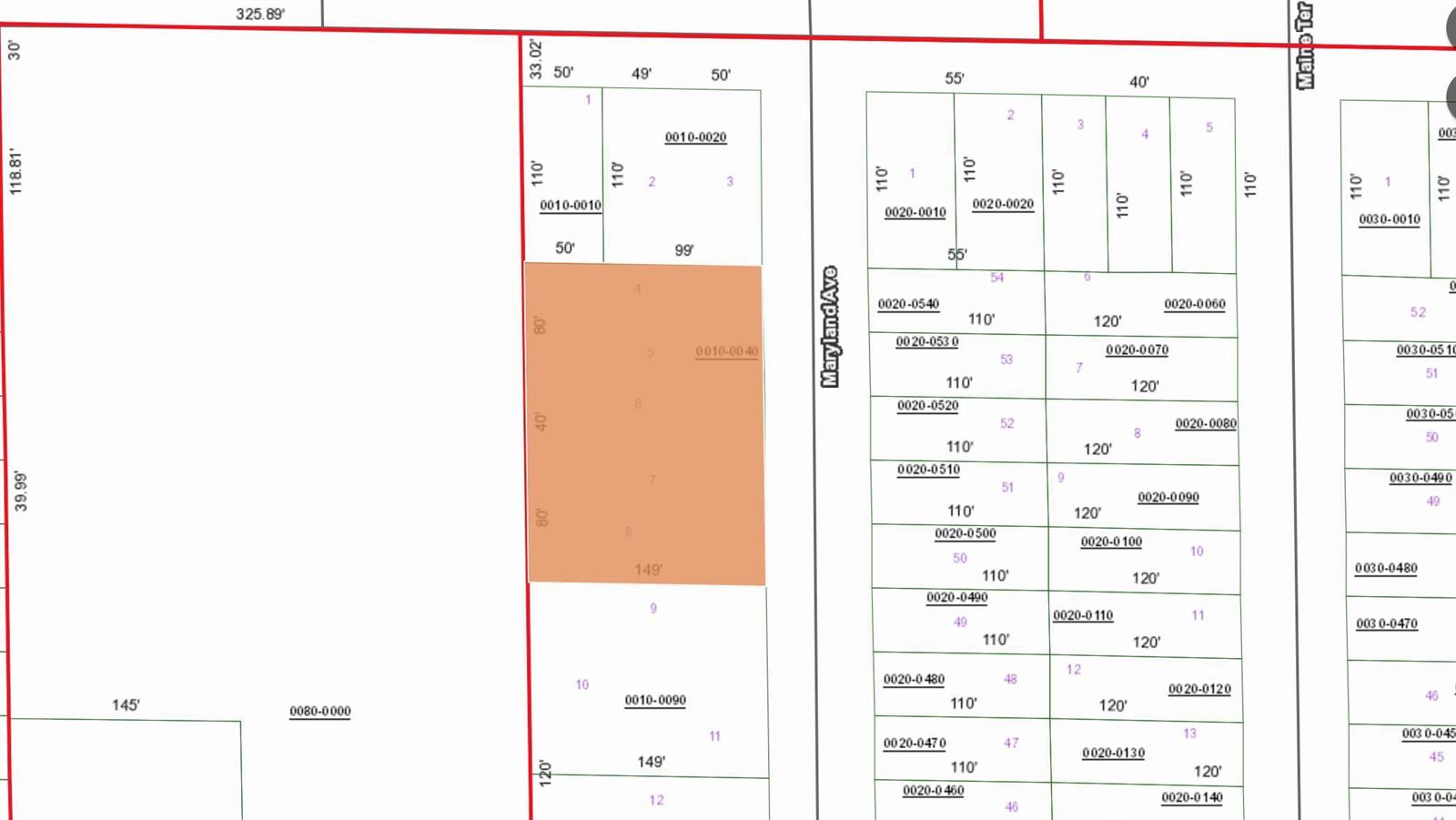 This image is a tax map showing property lot lines, dimensions, and parcel identification numbers — 00 Maryland Avenue, FL 32640, FL