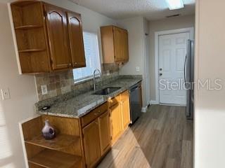 A kitchen features wood cabinets, granite countertops, a stainless steel sink, and light wood flooring — 2023 GREEN JUNIPER LANE, BRANDON, FL