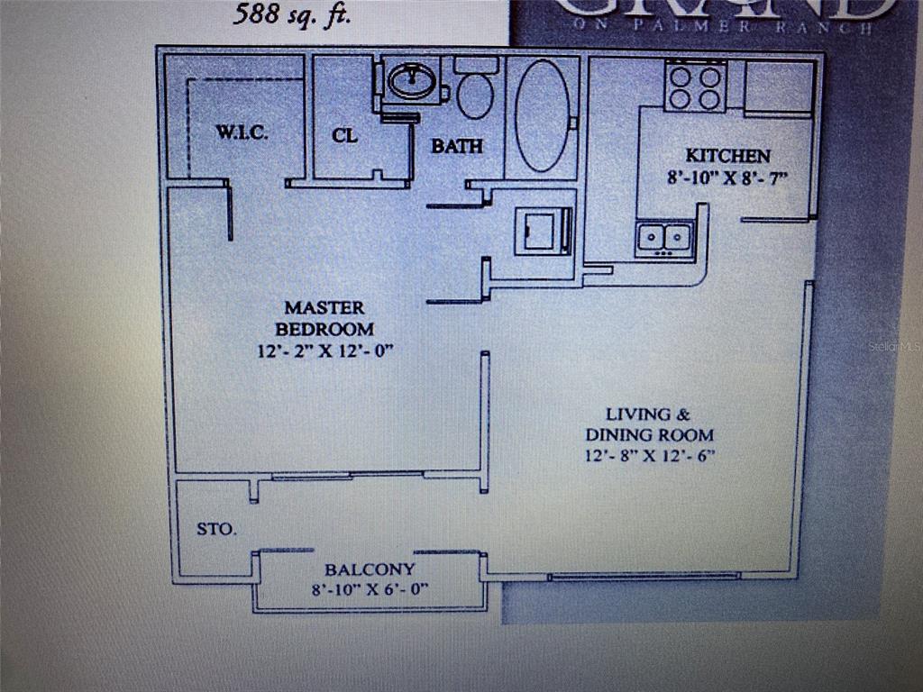 This is a floor plan for a one-bedroom apartment with a balcony and storage closet — 4041 CROCKERS LAKE BOULEVARD UNIT 24, SARASOTA, FL