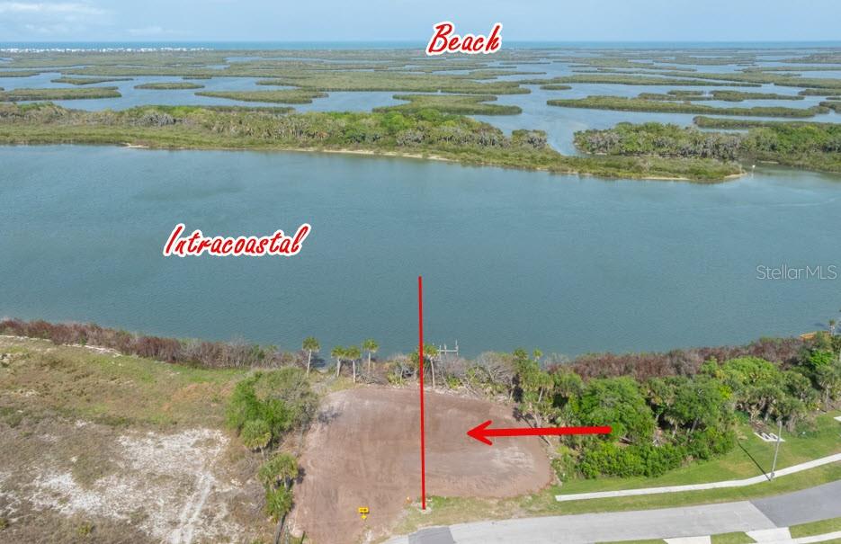 An aerial view shows a cleared waterfront lot with a red line pointing toward the water — 185 JONES FISH CAMP ROAD, EDGEWATER, FL