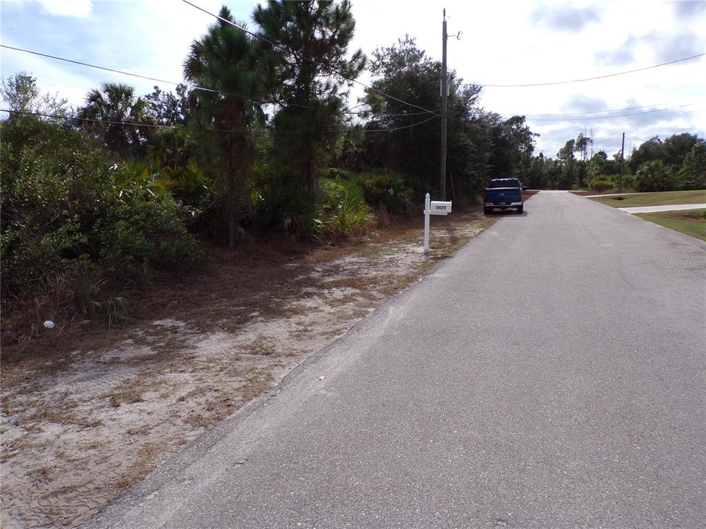 A paved road runs alongside a wooded lot with a mailbox and a parked truck — DRYDEN STREET, NORTH PORT, FL