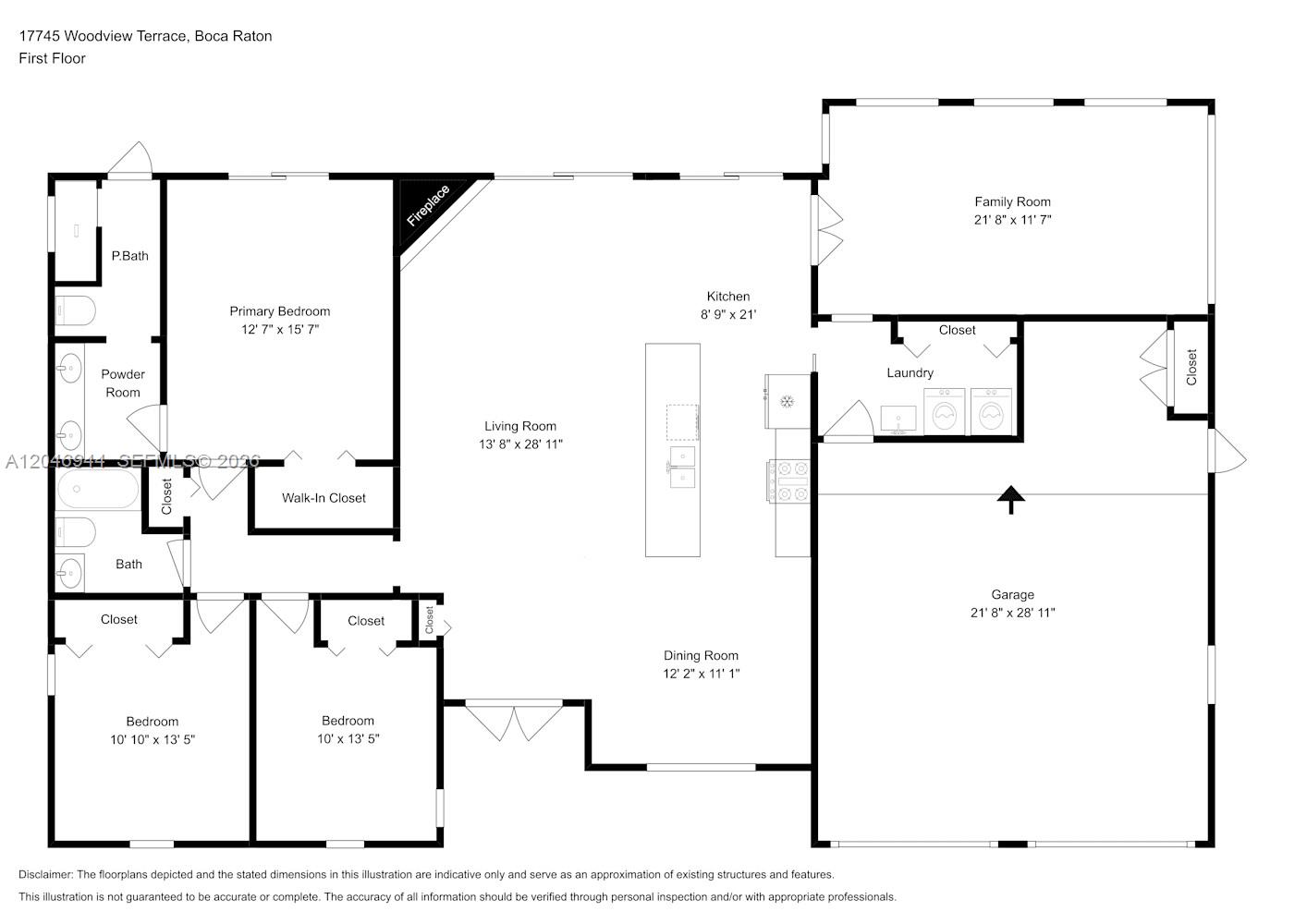 This is a floor plan for a single-story home with three bedrooms and a garage — BOCA RATON, FL