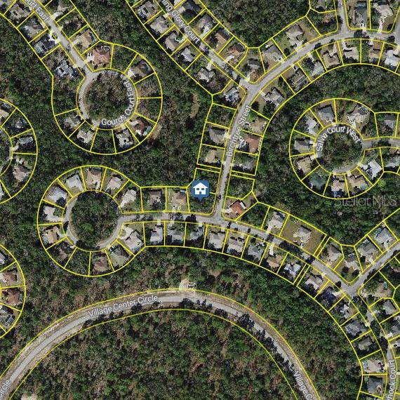 This is an aerial map view of a residential neighborhood with houses and circular streets — 36 HOLLYHOCK COURT, HOMOSASSA, FL