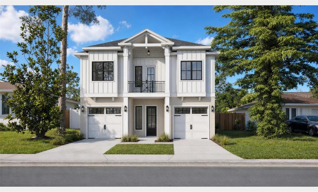 This is a rendering of a two-story house with a white exterior and two garages — 9000 1ST STREET N, ST PETERSBURG, FL
