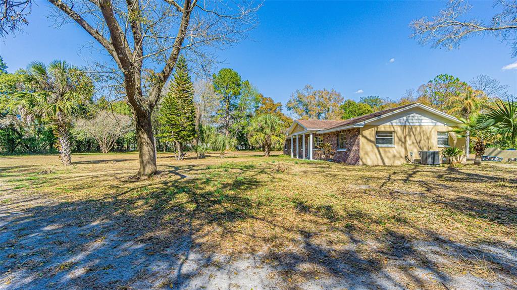 A single-story brick house with a covered porch sits on a large, tree-filled lot — 3902 AUTUMN PALM DRIVE, ZEPHYRHILLS, FL