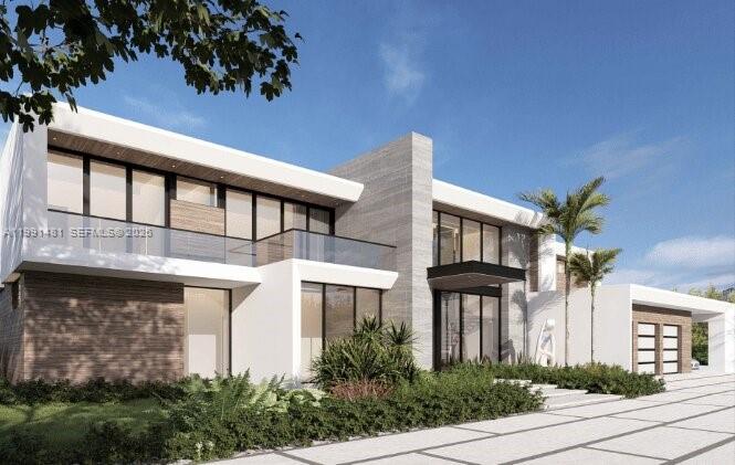 A digital rendering of a modern two-story luxury home with a stone facade and garage — 9860 SW 60th St, Miami FL 33173, MIAMI, FL