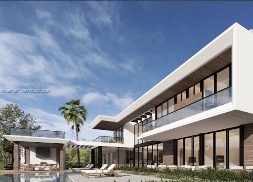 This is a rendering of a modern two-story house with a pool and patio area — 9860 SW 60th St, Miami FL 33173, MIAMI, FL