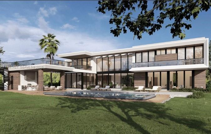 This is a rendering of a modern two-story house with a pool and glass walls — 9860 SW 60th St, Miami FL 33173, MIAMI, FL