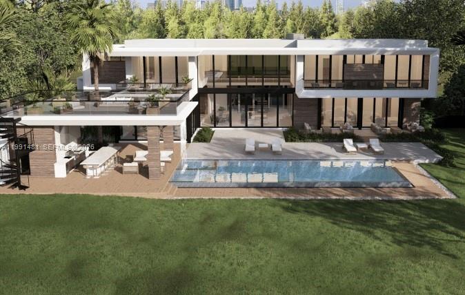 A rendering of a modern two-story house with a pool, patio, and outdoor kitchen — 9860 SW 60th St, Miami FL 33173, MIAMI, FL