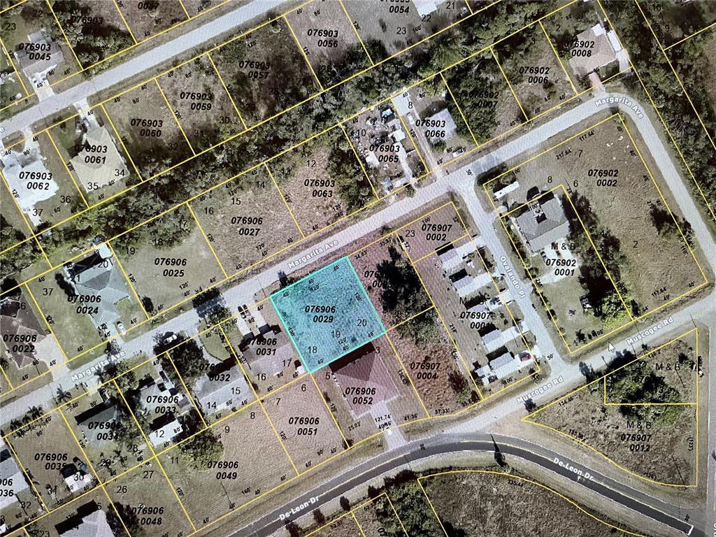 This is an aerial map showing property parcel boundaries and street layouts — LOT 18,19,20 MARGARITA AVENUE, NORTH PORT, FL