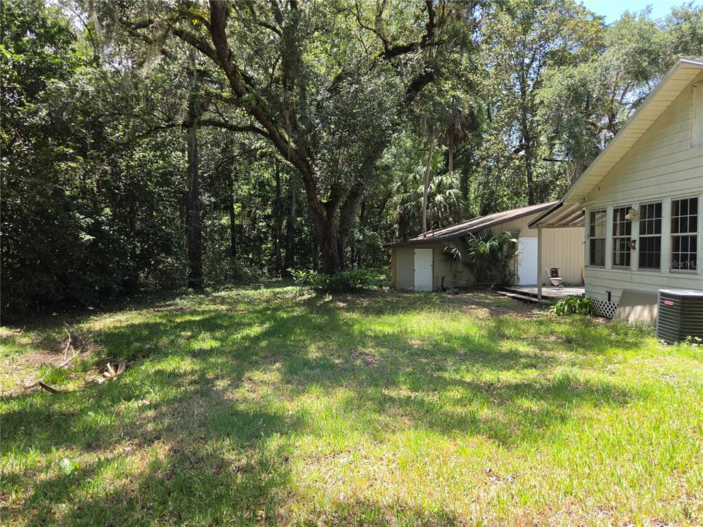 A grassy backyard area with a large tree and a detached garage next to a house — 11280 NE HIGHWAY 314, SILVER SPRINGS, FL