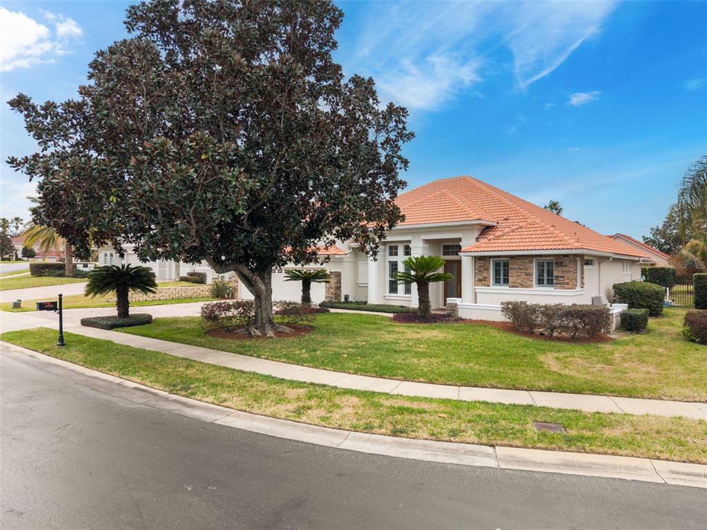 A single-story house with a tile roof, stone accents, and a large tree in front — 1950 ELKHORN COURT, LONGWOOD, FL