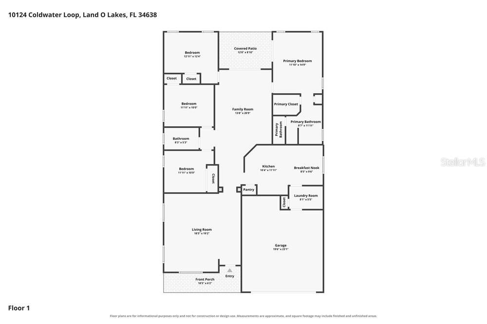 This is a floor plan for a single-story house with four bedrooms and a garage — 10124 COLDWATER LOOP, LAND O LAKES, FL