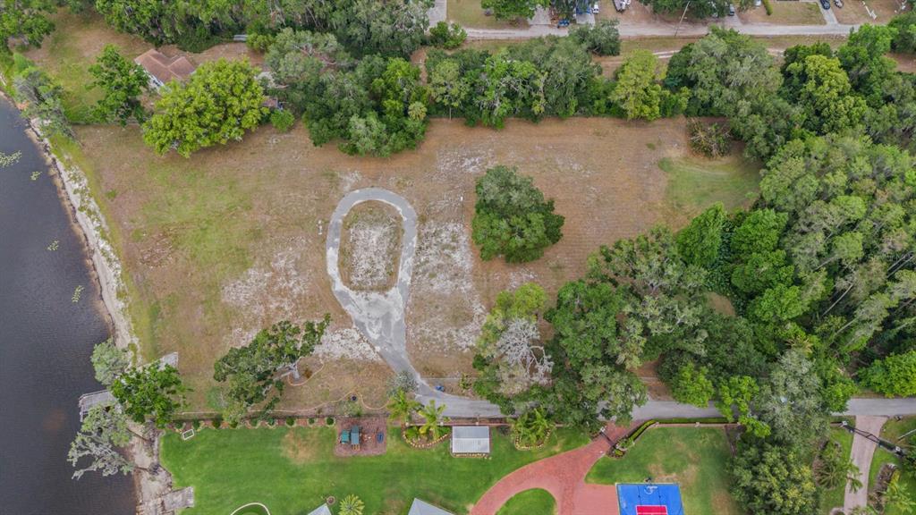 An aerial view shows a large, grassy vacant lot bordering a lake with a circular driveway — 215 LAKE BRANT DRIVE, LUTZ, FL
